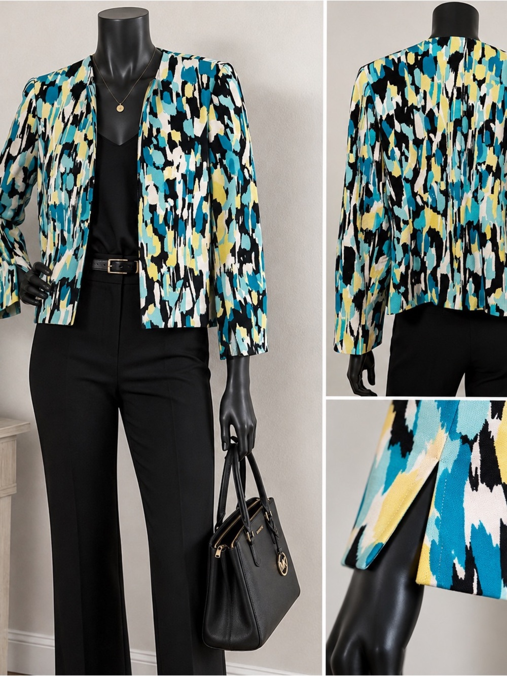 Evan Picone Abstract Print Open Front Blazer Size 10 Blue Black